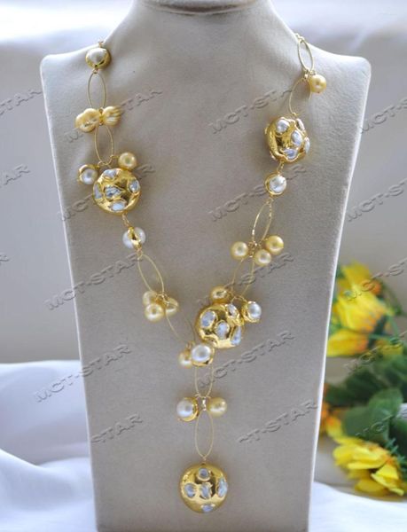 Collares colgantes Z12596 23 '' 26 mm amarillo dorado redondo barroco Keshi perla collar de cuentas chapado en oro