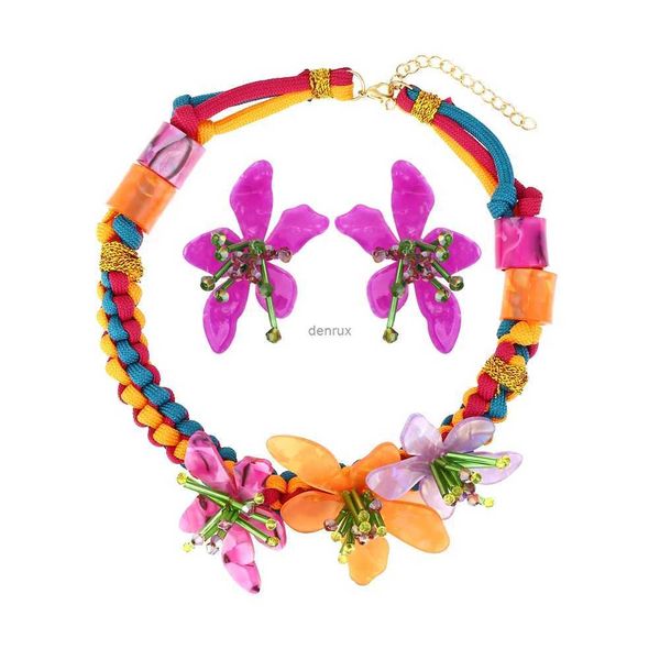 Pendentif Colliers Za Multicolore Résine Fleur Colliers Boucles D'oreilles Ensemble pour Femmes Bohême Tissé Cordon Chaînes Acrylique Sautoirs Collier Collier Bijoux