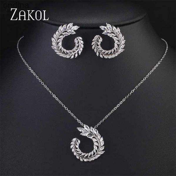 Pendentif colliers ZAKOL mode feuille AAA Zircon ensembles de bijoux de mariage pour les femmes cadeau de fête argent couleur cristal boucles d'oreilles collier ensemble en gros YQ240124