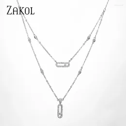 Colliers pendants Zakol Fashion Sliver Color Cumbic Zirconia Double Layer Chain Chain pour femmes bijoux de fiançailles de mariage à la mode
