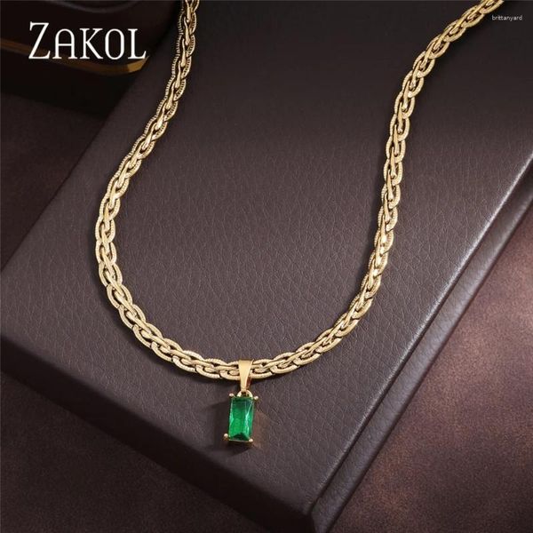 Colliers pendants Zakol Luxury Gold Color Collier de chaîne tressée Hip Hop Hop Green Rectangular Zircon Party Bijoux