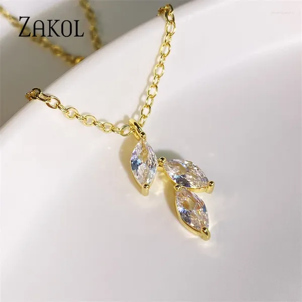 Collares colgantes ZAKOL Shiny Zircon Leaf INS Exquisita flor Cadena de clavícula para mujer Joyería de fiesta de cena