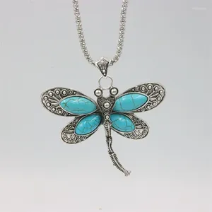 Hanger Kettingen ZFSILVER Mode Retro Etnische Tibetaanse Verzilverde Synthetische Turquoise Dragonfly Ketting Voor Vrouwen Boheemse Sieraden