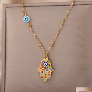 Collares colgantes Zircon Blue Evil Eye Collar Turco Fátima Cadena de mano Gargantilla Collar Palma para mujeres Joyería Drop Entrega Dhgarden Dhksu