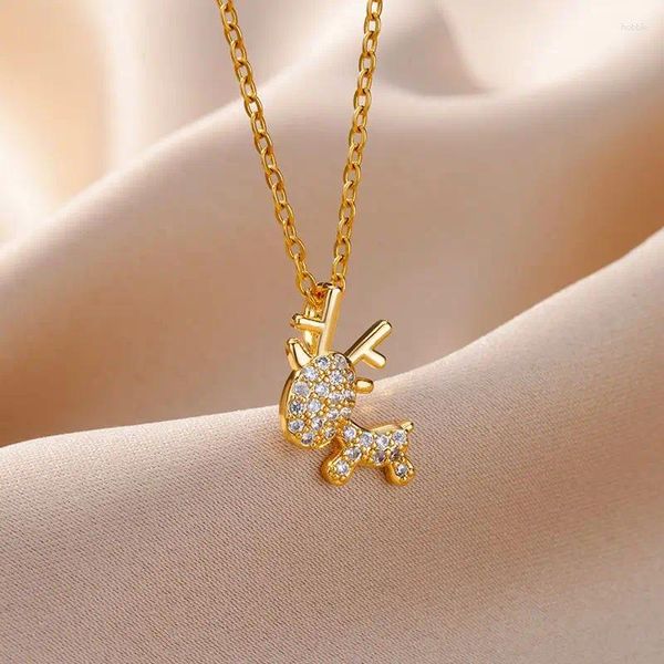 Pendentif Colliers Zircon Elk de Noël pour femmes en acier inoxydable plaqué or collier de chaîne de cerf collier 2023 bijoux tendance