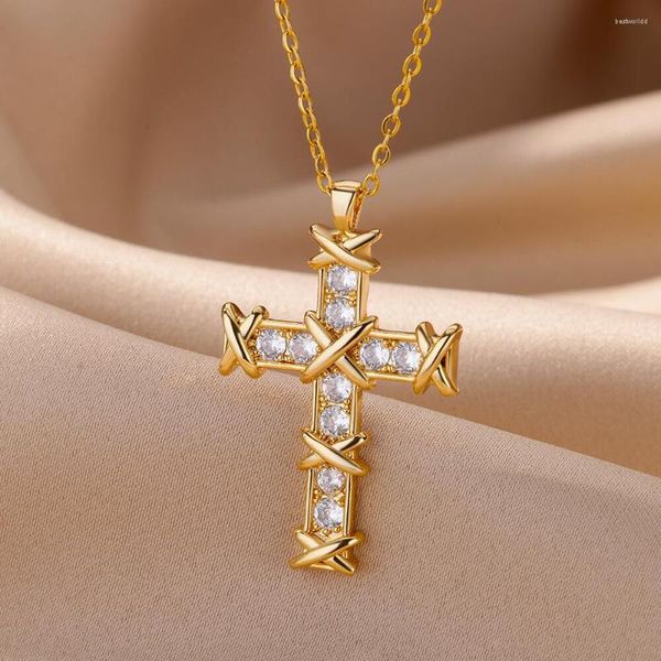 Pendentif Colliers Zircon Pierre Croix Collier Pour Femmes Hommes En Acier Inoxydable Chaîne À Maillons Vintage Style Religieux Esthétique Jewerly Collier