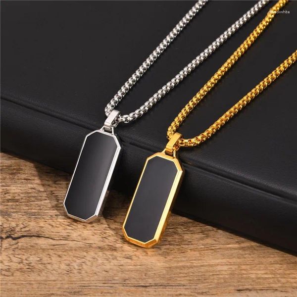 Pendentif Colliers Zorcvens Gold Couleur Hommes Géométrique Carré Noir Émail Rectangle Avec Boîte De Corde Chaîne Collier Cadeau Bijoux