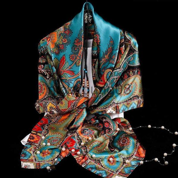 Pendentif Foulards Nouveau rouge bleu foulard en soie Bufandas femmes écharpes style national satin carré foulards dames marque foulard hijab mode châle x0904