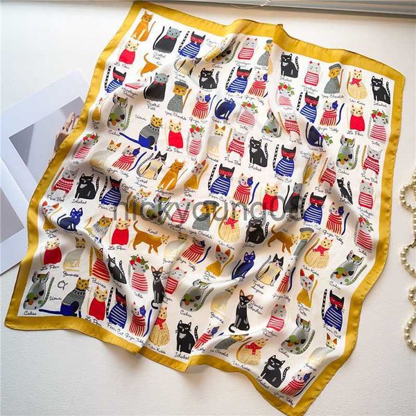 Pendentif Foulards Rétro Tête Cou Foulard En Soie Femmes De Luxe Imprimer Petits Foulards Femme Fleur Chat Imprimer Foulard Plage Crème Solaire Écharpe FJ708 x0904