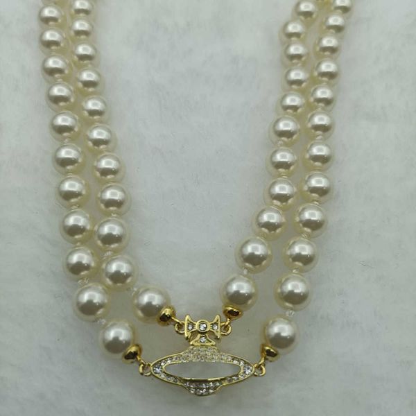 Sier Vivi pendentif bijoux de mode colliers plein diamant Double couche perle bouton magnétique classique petit groupe collier féminin