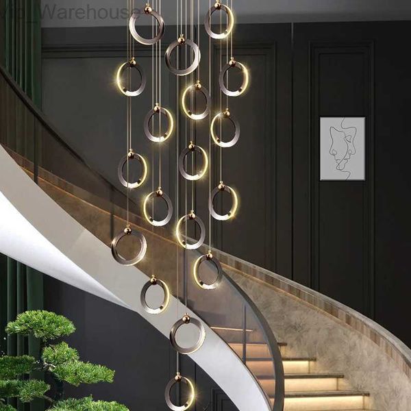 Pendant Staircase LED Grenier Villa Salon Plafond Pendentif Lumières 2023 Lampe Designer Nordique Long Annulaire Escalier Lustre HKD230825