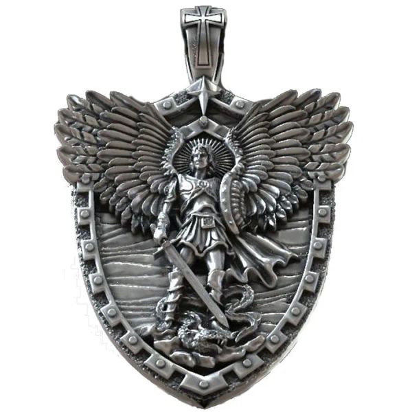 Pendants 13G Catholic Saint Archange Michael Pendant Serpent Shield Ailes Sword Men artistique religieux 925 Solide Silver Pendant