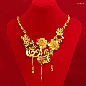Pendentifs Collier pendentif plaqué or 24 carats pour femmes, ensemble chinois, Style ethnique, fleur, bijoux de mariage