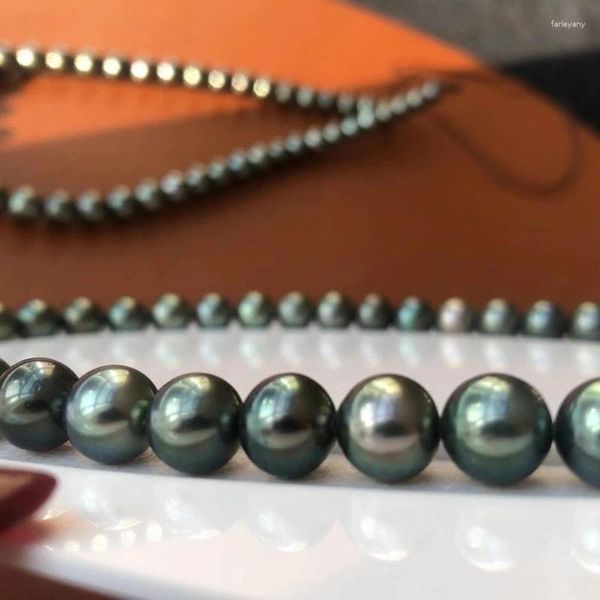 Pendentifs 8-11mm naturel-océan Tahiti collier de perles rondes charmant lustre vert foncé fermoir en or 18 carats bijoux fins cadeau pour les femmes