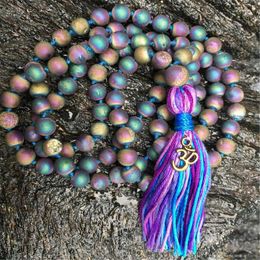 Pendentifs 8mm 108 perles couleur hématite collier noué avec des glands religieux classique Yoga tibétain Spiritua prière bouddhisme Mala