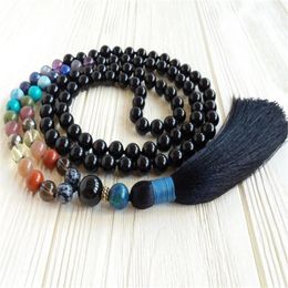 Hangers 8mm Zwarte Toermalijn 7 Chakra Edelsteen 108 Kralen Mala Ketting Retro Boeddhisme Yoga Polsband Religieus Gebed Klassiek