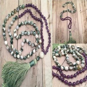 Hangers 8mm Natuurlijk Amethist Agaat 108 Mala kettingen Yoga Tassel Peace Chakra Bridal Everyday Wear Layed Prayer Rustic Choker