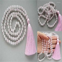 Colgantes 8 mm Rose cuarzo 108 perlas de borla hecha a mano collar largo de piedra rústica parejas zen lariat cristal regalo de moda accesorio