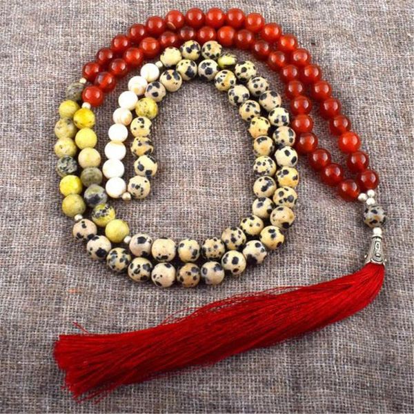 Colgantes 8mm Piedra Manchada Jade Rojo Piedra Preciosa 108 Cuentas Mala Borla Collar Pulsera Oración Yoga Clásico