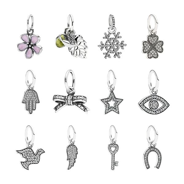 Colgantes Collares de plata 925 Colgantes Dijes para mujeres Joyería Flor Copo de nieve Arco Protección de la suerte Estrella Ojo Paloma Orientación Símbolo de confianza