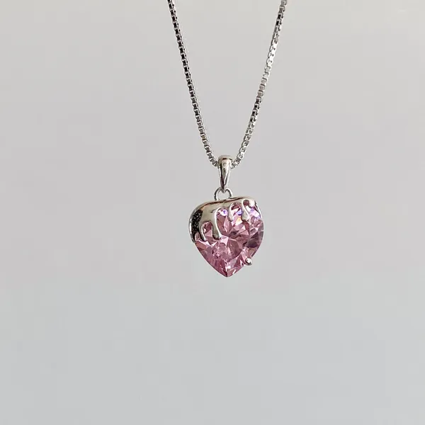 Colgantes Collar con colgante de corazón derretido rosa de plata esterlina sólida 925 para mujer, chapado en platino, regalo de San Valentín BSN322