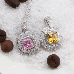 Pendants 925 Sterling Silver Excellent Crystal Necklace 6mm Square Stone Sweet Pendant For Women Girl Jewelry 45cm Chain
