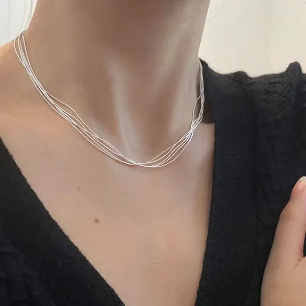 Colgantes de Plata de Ley 925, Gargantilla de cadena de líneas simples geométricas, collar para mujer, joyería fina ancha, regalo de cumpleaños para fiesta de boda