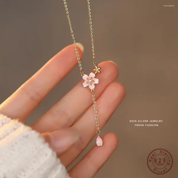 Colgantes Collar con colgante de flor de melocotón rosa de perlas de imitación de plata de ley 925 para mujer y niña, accesorios de joyería bonitos y dulces japoneses