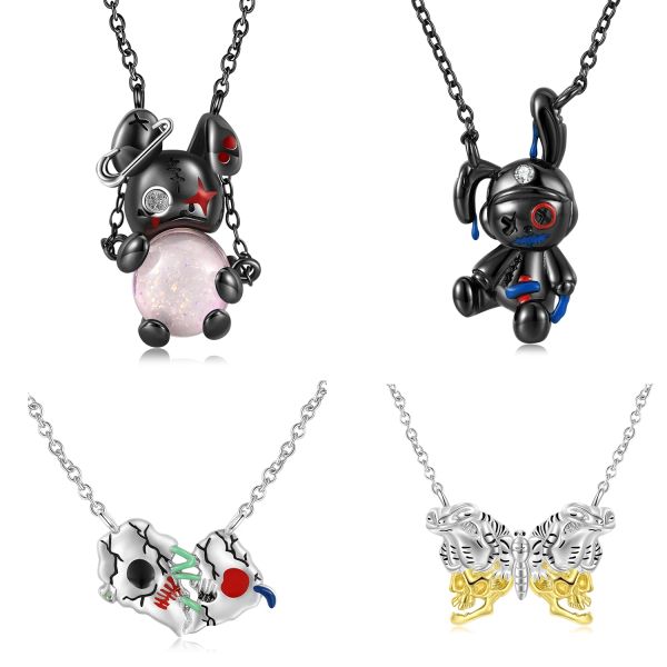 Pendants 925 argent sterling violent poupée lapin rose baule cristal brisée crâne face pendentif avec collier anniversaire bijoux cadeaux femmes