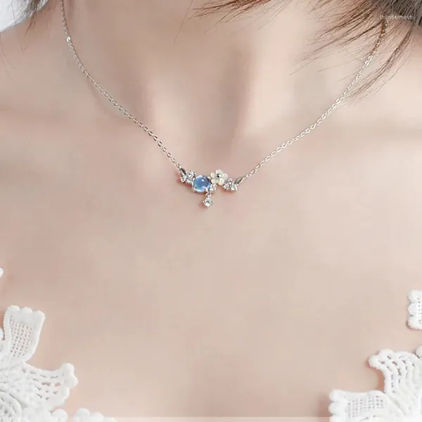 Pendentifs 925 en argent Sterling femmes pierre de lune fleur pendentif collier fée Sensation clavicule chaîne mode bijoux accessoires