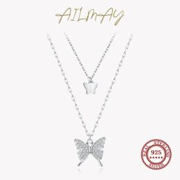 Hangers Ailmay Real 925 Sterling Zilver Clean CZ Charm Vlinder Dier Dubbellaags Hanger Ketting Voor Vrouwen Meisjes Valentijnsdag Cadeau