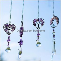 Pendentifs Améthyste coeur arbre de vie tenture murale guérison spirituelle fenêtre décor Chakra prisme cristal naturel pendentif maison ornement Dr Dhtud