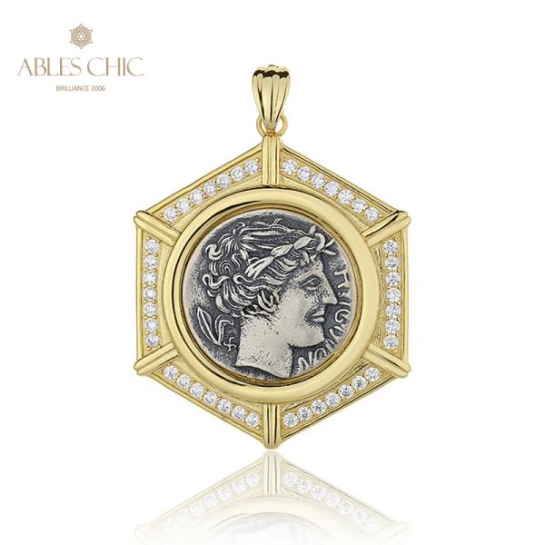 Pendants Apollo Greek Silver Coins hexagon charme cz accent 18k or deux tons solid 925 Silver Roman Coin Pendant seulement N1035