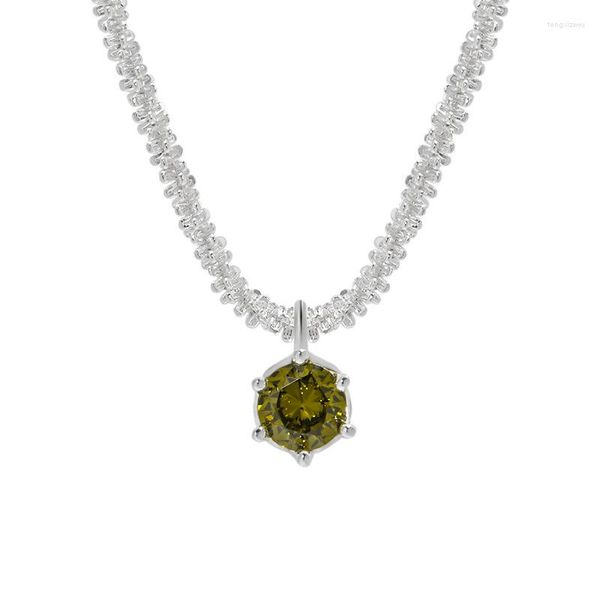 Colgantes Llegada Piedra verde oliva 6 mm Corona Colgante Collar para mujer Joyería Espumoso Cadena de clavícula de plata 925