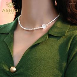 Hangers Ashiqi Natural Freshwater Pearl 925 Sterling Silver Shell Flower Necklace For Women Choker Jewelry Party cadeau