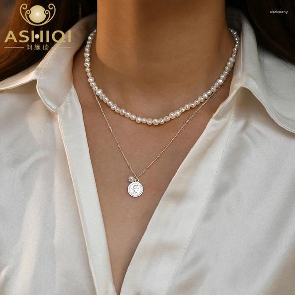 Colgantes Collar de perlas naturales de agua dulce de ASHIQI con colgante de Avatar de reina de Plata de Ley 925 para mujer, regalo de joyería de doble capa