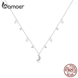 Hangers Bamoer Authentieke 925 Sterling Zilver Witte Maan Ster Hanger Ketting Voor Vrouwen Chain Link Kettingen Sieraden SCN420