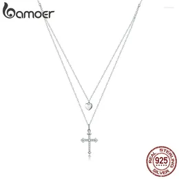 Pendentifs Bamoer argent Sterling 925 croix et coeur Double couche pendentif collier pour les femmes pavé réglage CZ Simple Fine bijoux BSN197