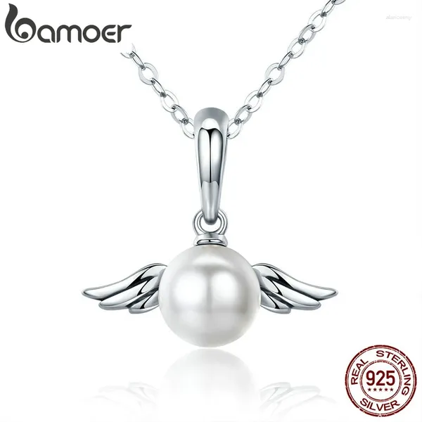 Colgantes BAMOER Día de San Valentín 925 Plata de ley lindo ángel pluma ala colgante collar para mamá cadena joyería regalo