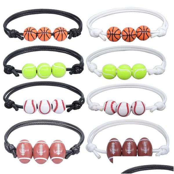 Colgantes Baloncesto Fútbol Rugby Béisbol Tenis Pulseras con dijes para hombres Mujeres Hecho a mano Cuerda de cuero ajustable Bola Deportes Pulsera Dhhcx