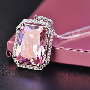 Hangers Grote vierkante roze kristal zirkoon diamanten edelstenen hanger kettingen voor vrouwen 18k wit goud zilver 925 sieraden bijoux bague cadeau