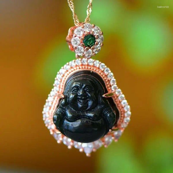 Colgantes Collar de Buda de Jade de nefrita negra para mujer, piedras preciosas curativas, joyería fina, dijes de Jades de Hetian, collares de oro rosa