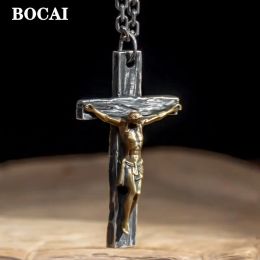 Pendants Bocai Original Fabriqué à la main S925 Silver Jewelry Retro Thai Trendy Jésus Cross Pendant pour l'homme