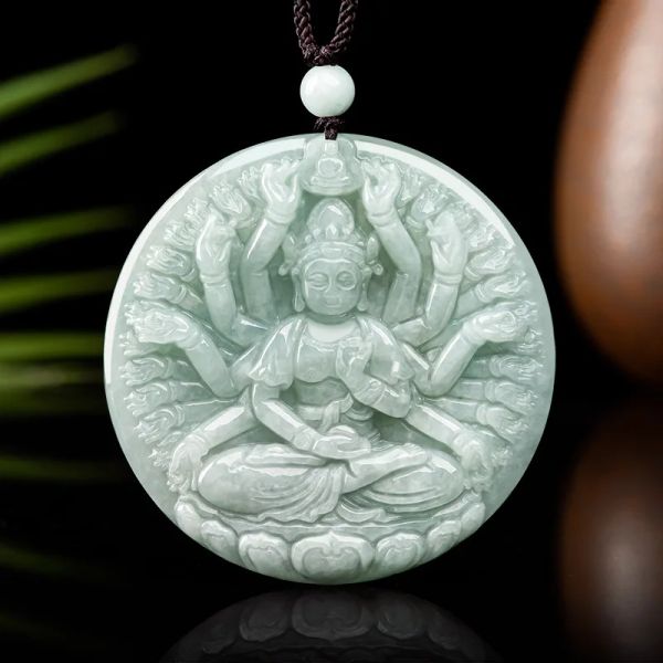 Colgantes Colgante de Jade birmano Guanyin Colgantes reales Collares naturales de lujo Joyería Gargantilla para hombres Regalo Collar blanco de jadeíta esmeralda