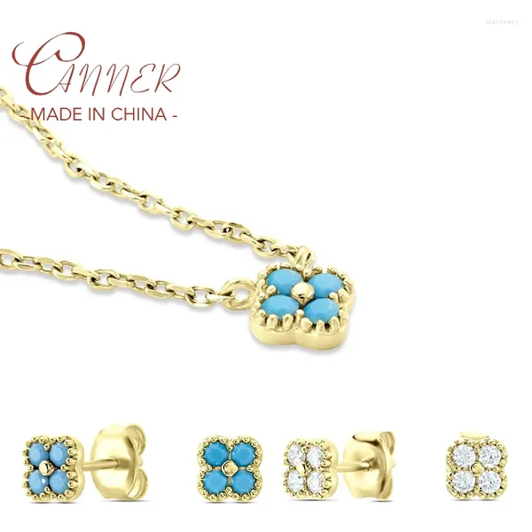 Colgantes CANNER S925 plata esterlina flor turquesa conjunto de joyas pendientes de tuerca Collares colgantes cadena para mujeres regalos Collares gargantilla