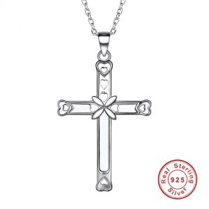 Hangers chicsilver 925 Sterling Silver Cross hanger ketting voor vrouwen sierlijke holte uit het hart Cross religieuze christelijke kruis sieraden