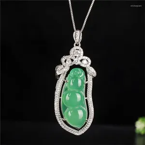 Pendentifs Chinois naturel Jade calcédoine sculpté à la main haricot pendentif bijoux de mode S925 argent incrusté collier pour hommes femmes