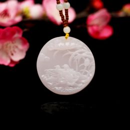 Pendants Chinois Natural Pink Jade Mandarin Duck Pendant Collier Fleur Fleur à la main Bijouts de charme de mode Amulets Amulets Men Femmes Lovers