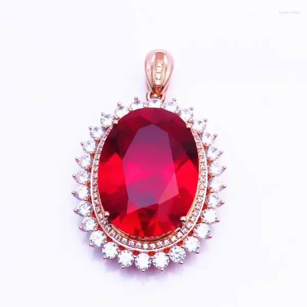 Colgantes Diseño clásico Piedra preciosa roja Colgante ovalado Chapado en oro rosa de 14 quilates Collar de moda Cadena de clavícula Joyería de boda