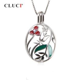 Pendentifs CLUCI 925 pendentif Cage en argent Sterling belle fleur pendentif ovale femmes Zircon pierre précieuse pendentif souhait perle médaillon SC329SB